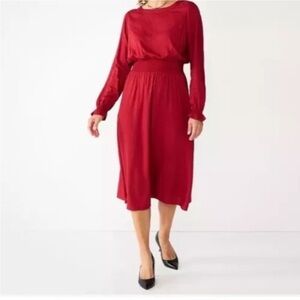 Women’s New Croft and Barrow Red Midi Dress Long Sleeve Smocked Waist An…